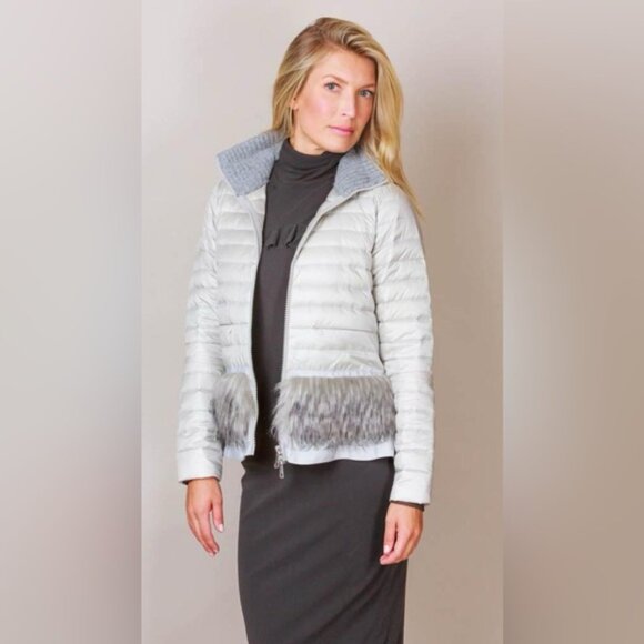 BRAND NEW Sosken Designer White Down Puffer Longline Fur Trim Jacket Coat XL XXL - Picture 3 of 14